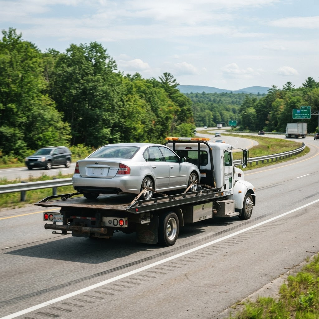 Flatbed tow truck transporting a sedan on an interstate highway in New England