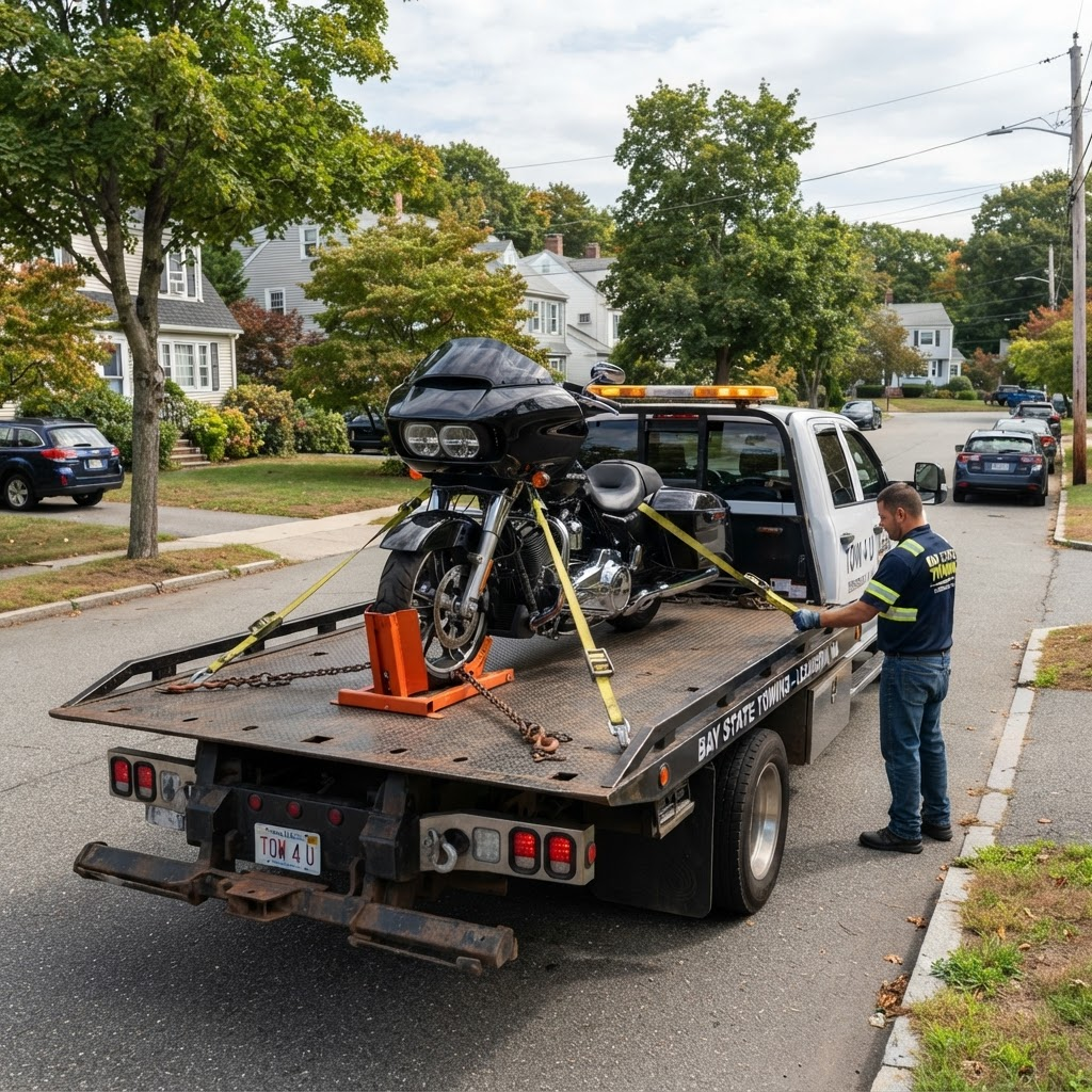 Motorcycle secured with soft straps and wheel chocks on a flatbed tow truck